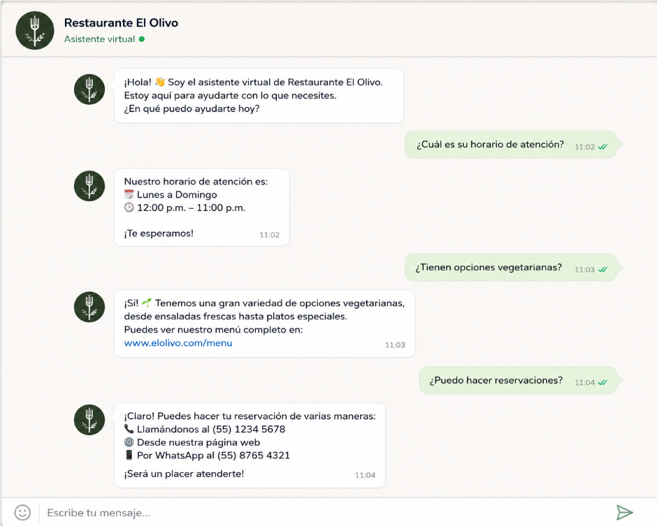 Chatbot de WhatsApp interactivo para el restaurante El Olivo